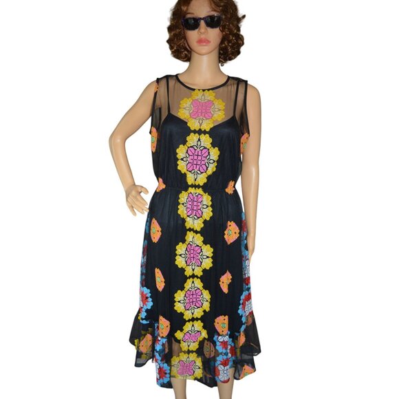 ModCloth Size Medium Follow My Lead Embroidered Midi Dress Floral Black Yellow - Picture 2 of 10